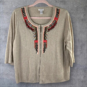 Chicos Linen Blend Treasured Trinkets‎ Beaded Cardigan Sweater Size 2 Large Tan